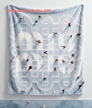 Miu Miu Ice Rink Logo Print Flannel Throw Blanket Cool Light Blue Ice Background with Giant Brand Monogram and Skaters Aerial View IMG_0434